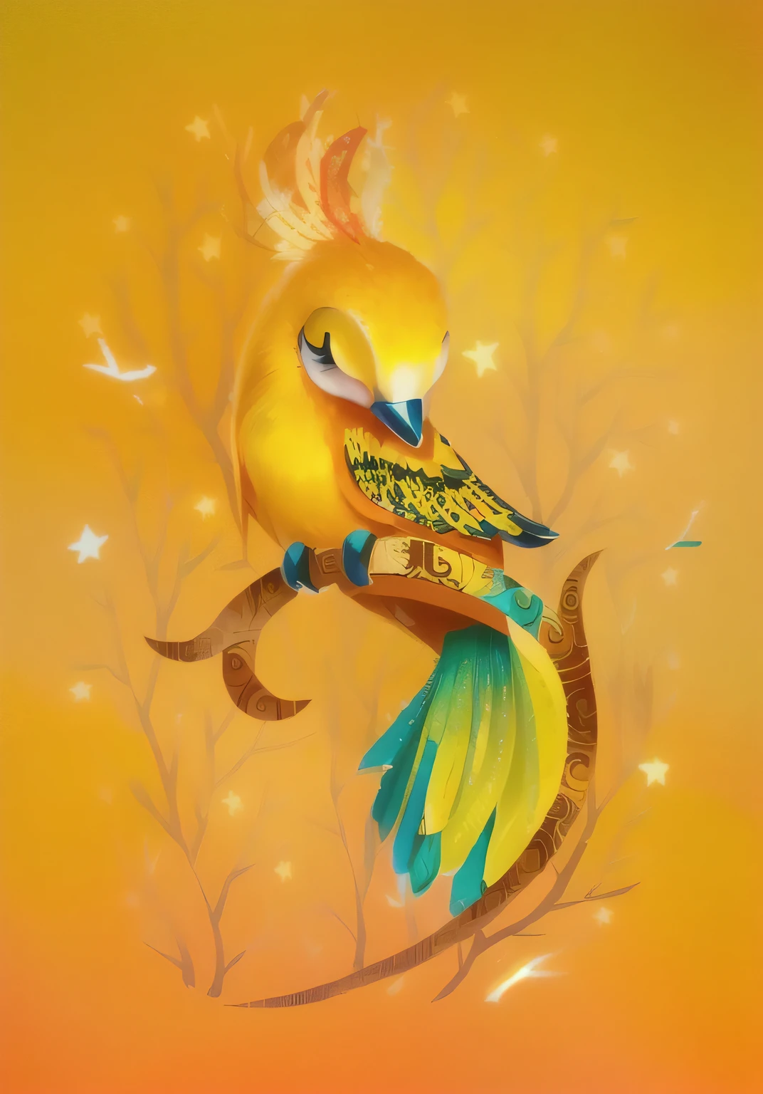 a yellow bird sitting on top of a branch with stars, a surrealistic bird, surrealistic bird, illustration, fiery bird, anthropomorphic bird, an illustration, illustration!, ''wallpaper of a phoenix resting, illustrated in whimsical style, mystical birds, illutstration, night!, mythical creature, ilustration, royal bird, folkloric illustration, cute illustration