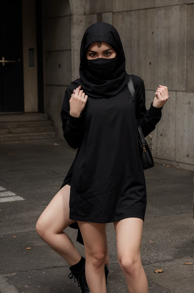 she is fit with hijab and oversize hoodie,slim body with hiking bagpack,perfect eyes,closed up,candid,look at viewer,extremely realistic,high detail,z1l4,latin,wearing neckless,shoes,perfect arms and hands,full body,traveling jungle,black dress,half body,black track suit