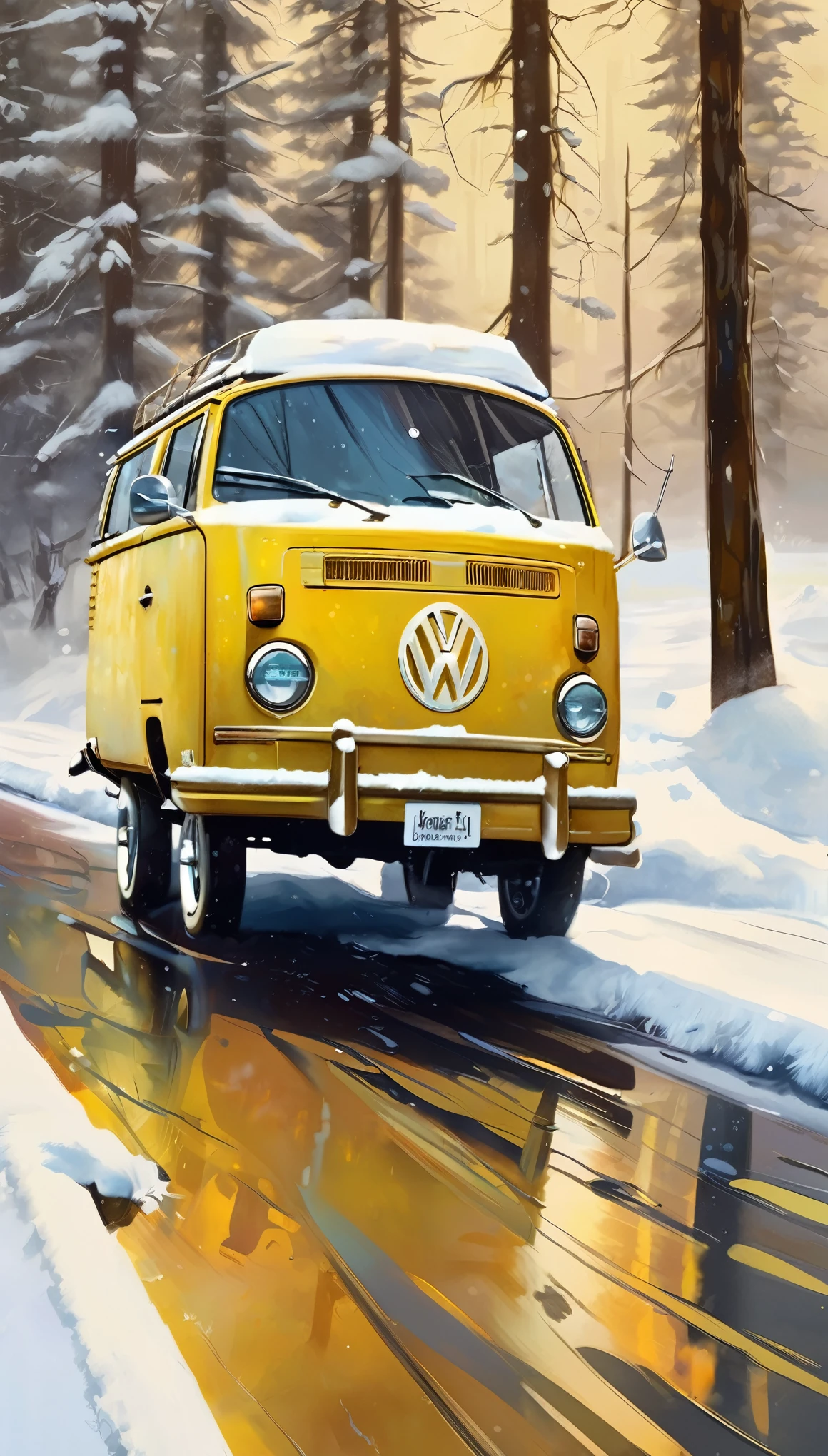 a digital illustration of a yellow Volkswagen on a road, snow, cold, Alaska, beautiful retro art, Volkswagen van, cheio de cores e detalhes ricos, Alaska, neve, montanhas, frio, estilo ross tran, Direction: Painter Müller, Cores e detalhes ricos, pintura de arte pop, estilo de pintura super realista, oil painting H 768, bela pintura, in retro colors, pintura beatufil, arte vetorial