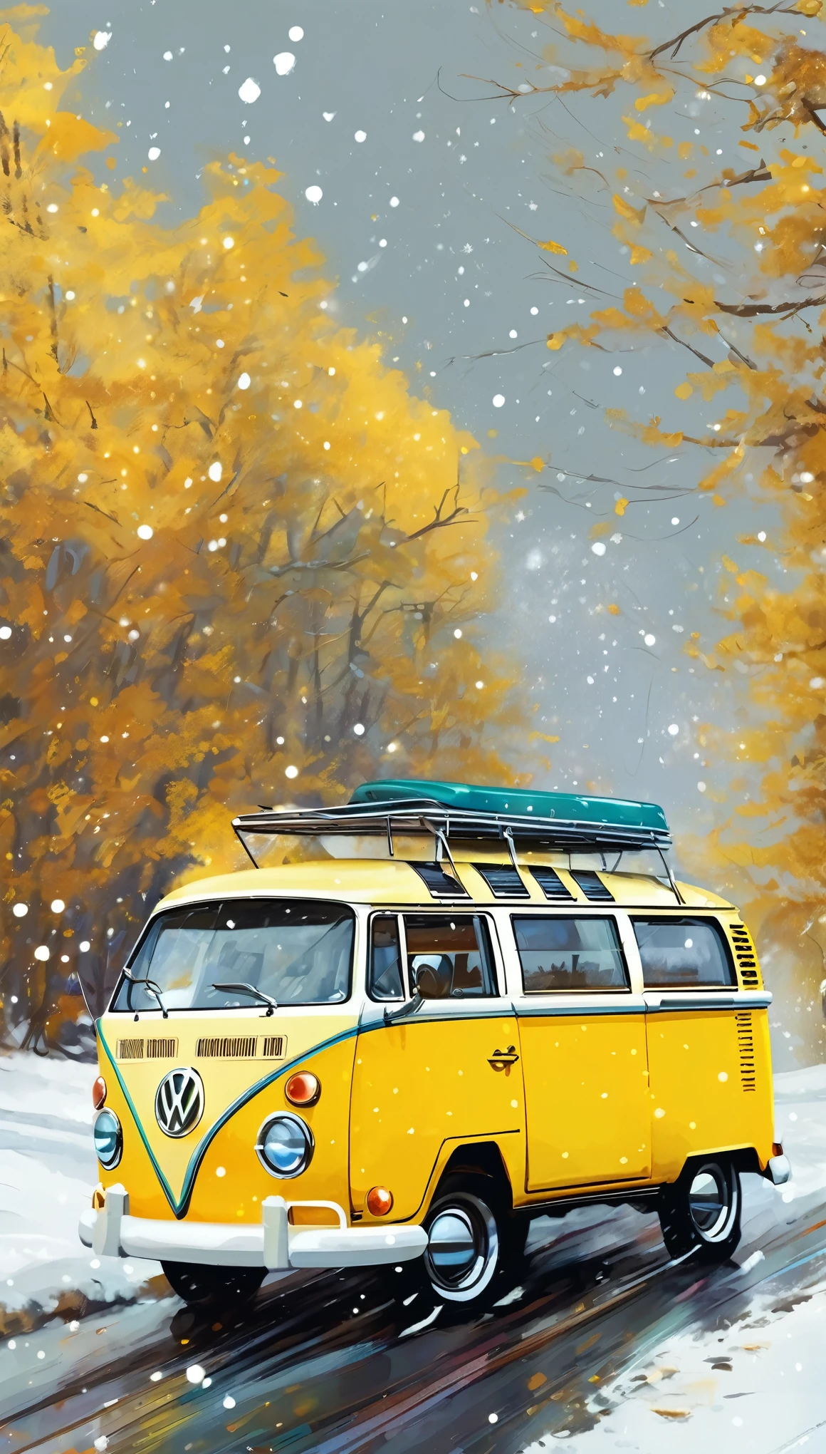 a digital illustration of a yellow Volkswagen on a road, snow, cold, Alaska, beautiful retro art, Volkswagen van, cheio de cores e detalhes ricos, Alaska, neve, montanhas, frio, estilo ross tran, Direction: Painter Müller, Cores e detalhes ricos, pintura de arte pop, estilo de pintura super realista, oil painting H 768, bela pintura, in retro colors, pintura beatufil, arte vetorial