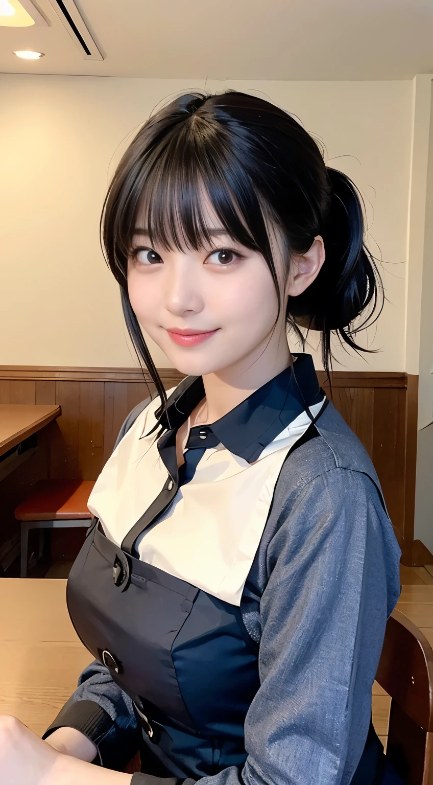 (highest quality,masterpiece:1.3,Ultra-high resolution,),(Very detailed,Caustics),(Photorealistic:1.4,RAW shooting,)Ultra-Realistic Capture,Very detailed,High resolution 16K human skin closeup。 Natural skin texture、,Pores、、、、It must be detailed enough to be easily identifiable。 Skin tone is even and healthy looking。 Use natural light and color,restaurant,Waitress Uniform,1 girl,Japanese,18-year-old,cute,Black-haired,ponytail,Big Breasts,smile,Turn your body forward,(Front view:1.1),Looking at the camera,Cowboy Shot,