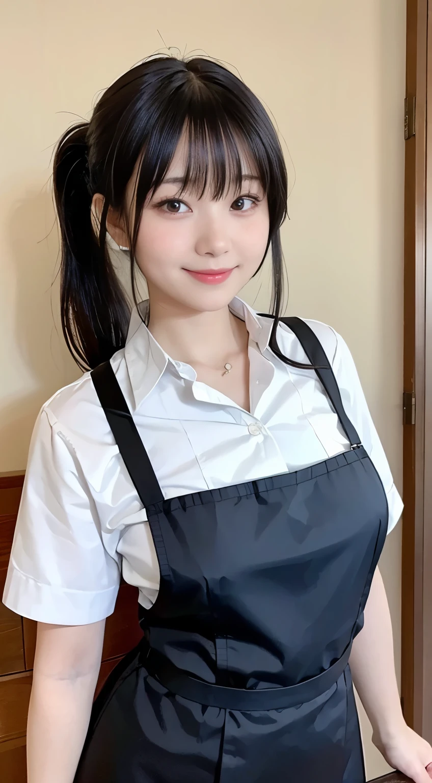 (highest quality,masterpiece:1.3,Ultra-high resolution,),(Very detailed,Caustics),(Photorealistic:1.4,RAW shooting,)Ultra-Realistic Capture,Very detailed,High resolution 16K human skin closeup。 Natural skin texture、,Pores、、、、It must be detailed enough to be easily identifiable。 Skin tone is even and healthy looking。 Use natural light and color,restaurant,Waitress Uniform,1 girl,Japanese,18-year-old,cute,Black-haired,ponytail,Big Breasts,smile,Turn your body forward,(Front view:1.1),Looking at the camera,Cowboy Shot,