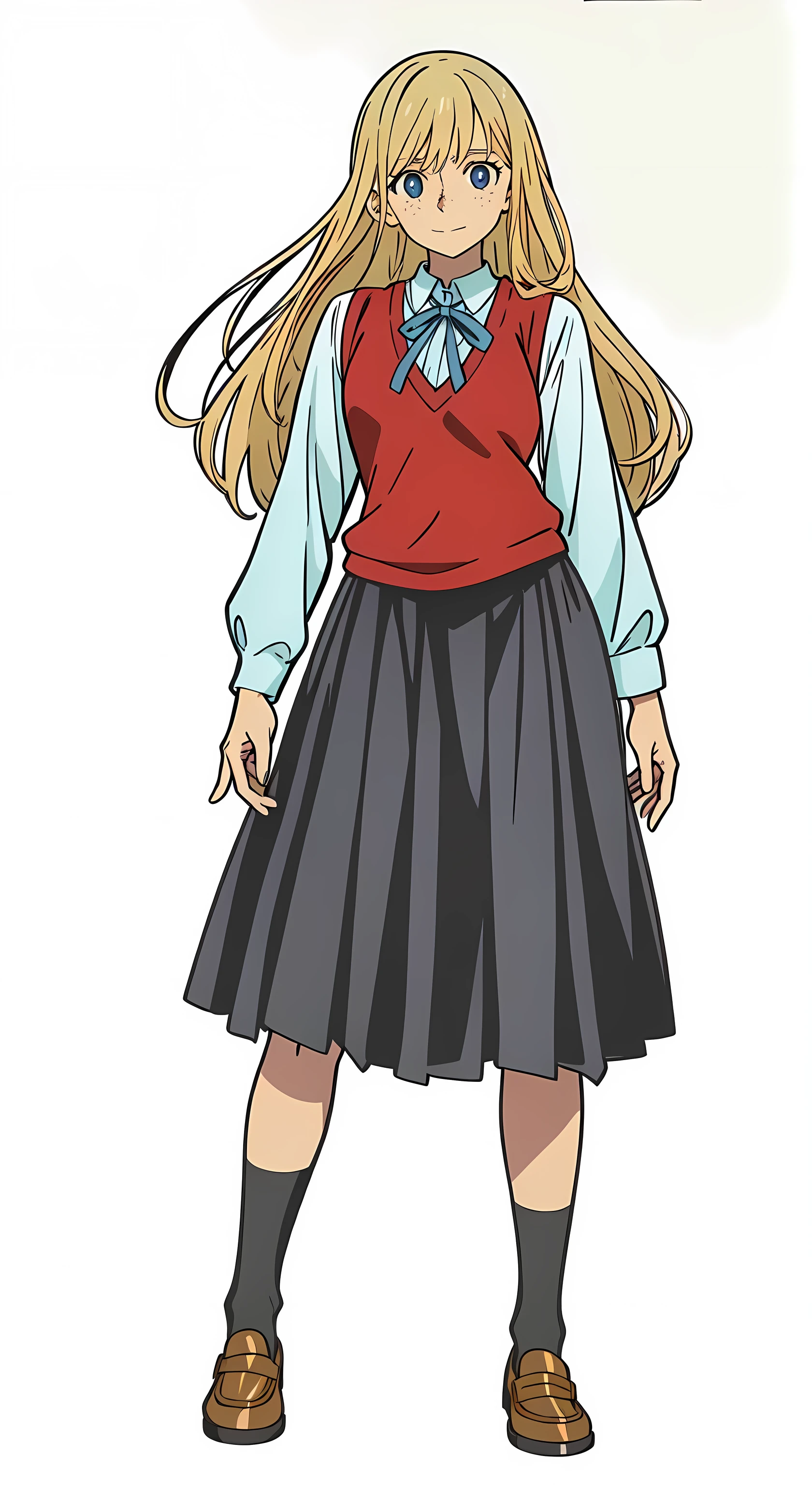 (best quality:1.0), (masterpiece:1.0), (super fine illustration:1.0), (beautiful artwork:1.0), (anime screencap:1.0), (official art:1.0), (european:1.0), (cheerful:1.0), (white background:1.0), (best quality:1.0), (masterpiece:1.0), (super fine illustration:1.0), (beautiful artwork:1.0), (anime screencap:1.0), (official art:1.0), (solo:1.0), (european:1.0), (a 18yo cute girl:1.0), (long skirt:1.0), (black skirt:1.0), (pleated skirt:1.0), (red knit vest:1.0), (white long sleeve collared shirt:1.0), (blue neck ribbon:1.0), (loafers:1.0), (black socks:1.0), (ideal ratio body proportions:1.0), (lanky:1.0), (tall:1.0), (slender:1.0), (small breasts:1.0), (smaller face:1.0), (tareme:1.0), (freckles:1.0), (detailed beautiful eyes:1.0), (detailed beautiful face:1.0), (glowing blue eyes:1.0), (long hair:1.0), (swept bangs:1.0), (blonde hair:1.0), (standing:1.0), (looking at viewer:1.0)
