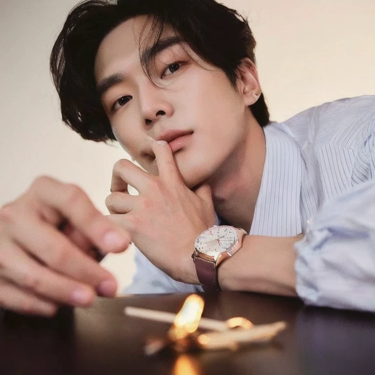 araffed man with a watch on his wrist sitting at a table, jung jaehyun, kim doyoung, taejune kim, yanjun chengt, yan, korean artist, hyung tae, cai xukun, inspired by jeonseok lee, wonbin lee, jia, lv, shin jeongho, jinyoung shin, inspired by Yanjun Cheng, sha xi