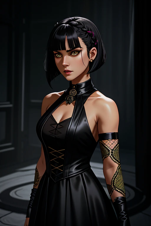 Tekken-style female character, yellow eye irises like a snake's, short black gothic style hair with long bangs passing from the shoulders, soft bangs on the forehead and short back haircut exposing the nape of the neck, soft cornrow near the ear with a small black rose adorning the hair, wearing elegant gothic dress
