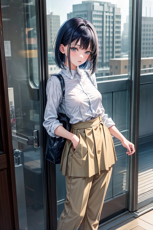 (masterpiece, highest quality:1.2), 1 girl, alone, Akane Kurokawa, 1 girl, dark blue hair, medium hair, One-length bob, Add some bangs to brighten your face, Hair ends remain thick overall. , blue eyes, green eyes, , blue tie, gray pleated skirt,rolled up skirt、sexy pants、naked clothes、E cup breasts、small nipples、small areola、Breasts are fully visible,