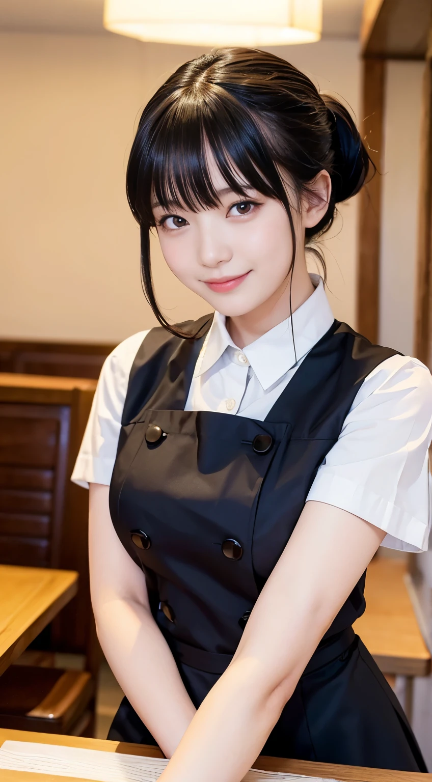 (highest quality,masterpiece:1.3,Ultra-high resolution,),(Very detailed,Caustics),(Photorealistic:1.4,RAW shooting,)Ultra-Realistic Capture,Very detailed,High resolution 16K human skin closeup。 Natural skin texture、,Pores、、、、It must be detailed enough to be easily identifiable。 Skin tone is even and healthy looking。 Use natural light and color,restaurant,Waitress Uniform,1 girl,Japanese,18-year-old,cute,Black-haired,ponytail,,smile,Turn your body forward,(Front view:1.1),Looking at the camera,Cowboy Shot,