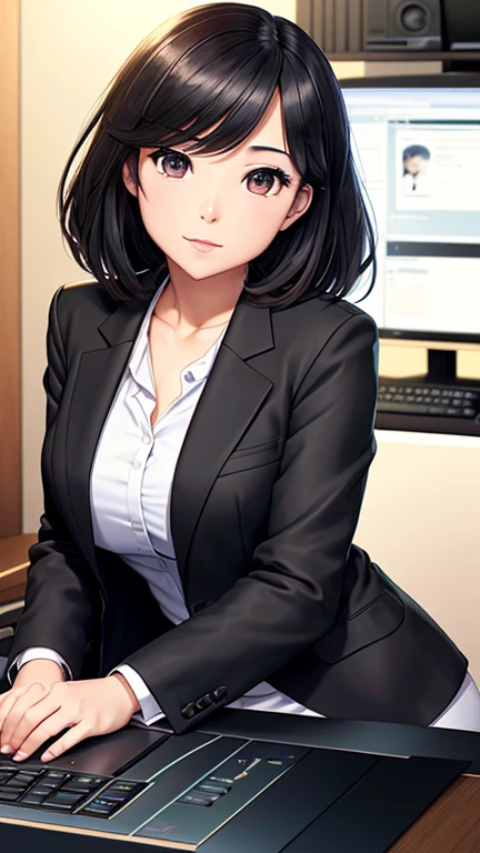 A woman in a black jacket is sitting at a desk with a computer and a monitor, deayami kojima, Woman in a business suit, Lee Ji-eun, Lee Ji-eun, Shin Min-jung, Kim Hyun-joo, Ayamin to whom, Yoshitomo Nara, from me, Medium portrait, Professional image, In front of the computer, Fan art