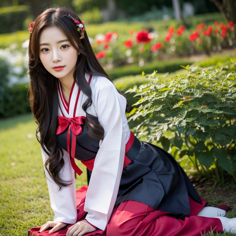 1 Beautiful young woman with long, flowing hair., Looking seductively and sexy at the camera, big breasts,In a set of dark red, dark black, dark blue., Standing in different poses in the flower garden., beautiful south korean woman, ผู้หญิงIn a set of dark red, dark black, dark blue. Hanfu, Korean girl, korean woman, korean Hanbok, beautiful young korean woman, korean woman, Hanbok, Japanese clothes, Hanfu, Hanbok apron, นางแบบแฟชั่นkorean woman, traditional chinese clothing Taken with a high quality camera 45,000,000,000 pixels 16k,,