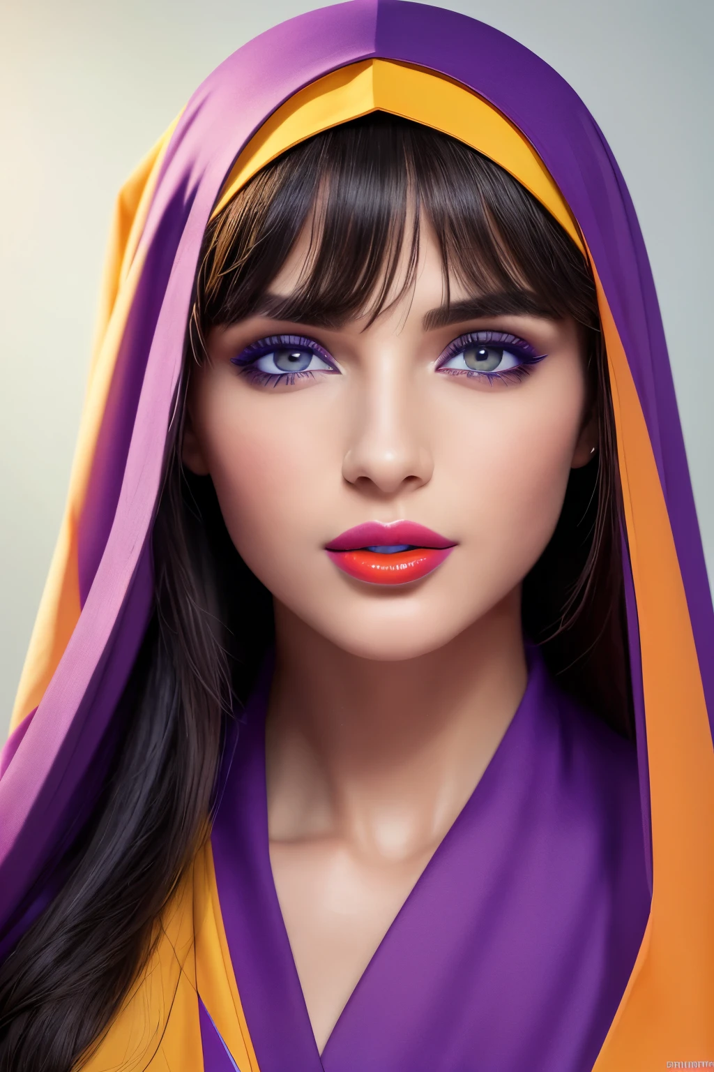 8K, Best Quality, 1girl, (Skindentation), night time, (Dark), Clear background in the room, (people), beautiful bangs, Gorgeous, headscarf (Clothing and uniforms:1.3),soft-lighting, Attractive, Dark room, (mouth closed:1.2, Beautiful eyes, Detailed eyes, detailed iris, Beautiful lips, beautiful nose, beatiful face),(Primary colors:1.5)