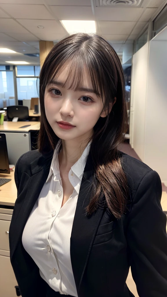 ((top-quality、8K、​masterpiece:1.3))、1girl in、Beautiful woman Standing in the house:1.3、long-haired、Colossal tits、(Office Lady, ,Suit, Black Suit,Black jacket, white shirt:1.5)、Super delicate face、Delicat eyes、double eyelid、Close-up of upper body from below