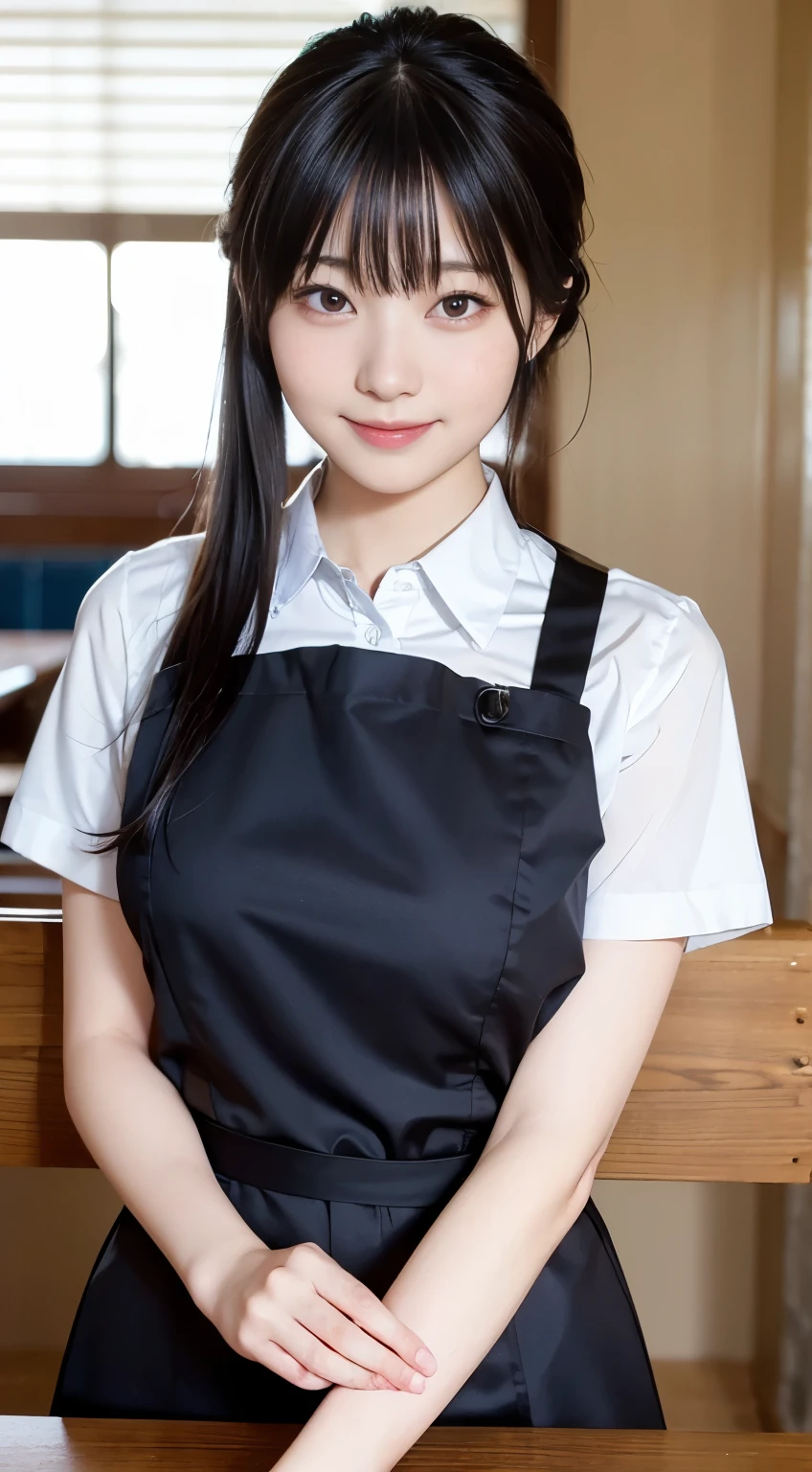 (highest quality,masterpiece:1.3,Ultra-high resolution,),(Very detailed,Caustics),(Photorealistic:1.4,RAW shooting,)Ultra-Realistic Capture,Very detailed,High resolution 16K human skin closeup。 Natural skin texture、,Pores、、、、It must be detailed enough to be easily identifiable。 Skin tone is even and healthy looking。 Use natural light and color,restaurant,Waitress Uniform,1 girl,Japanese,18-year-old,cute,Black-haired,ponytail,Big Breasts,smile,Turn your body forward,(Front view:1.1),Looking at the camera,Cowboy Shot,