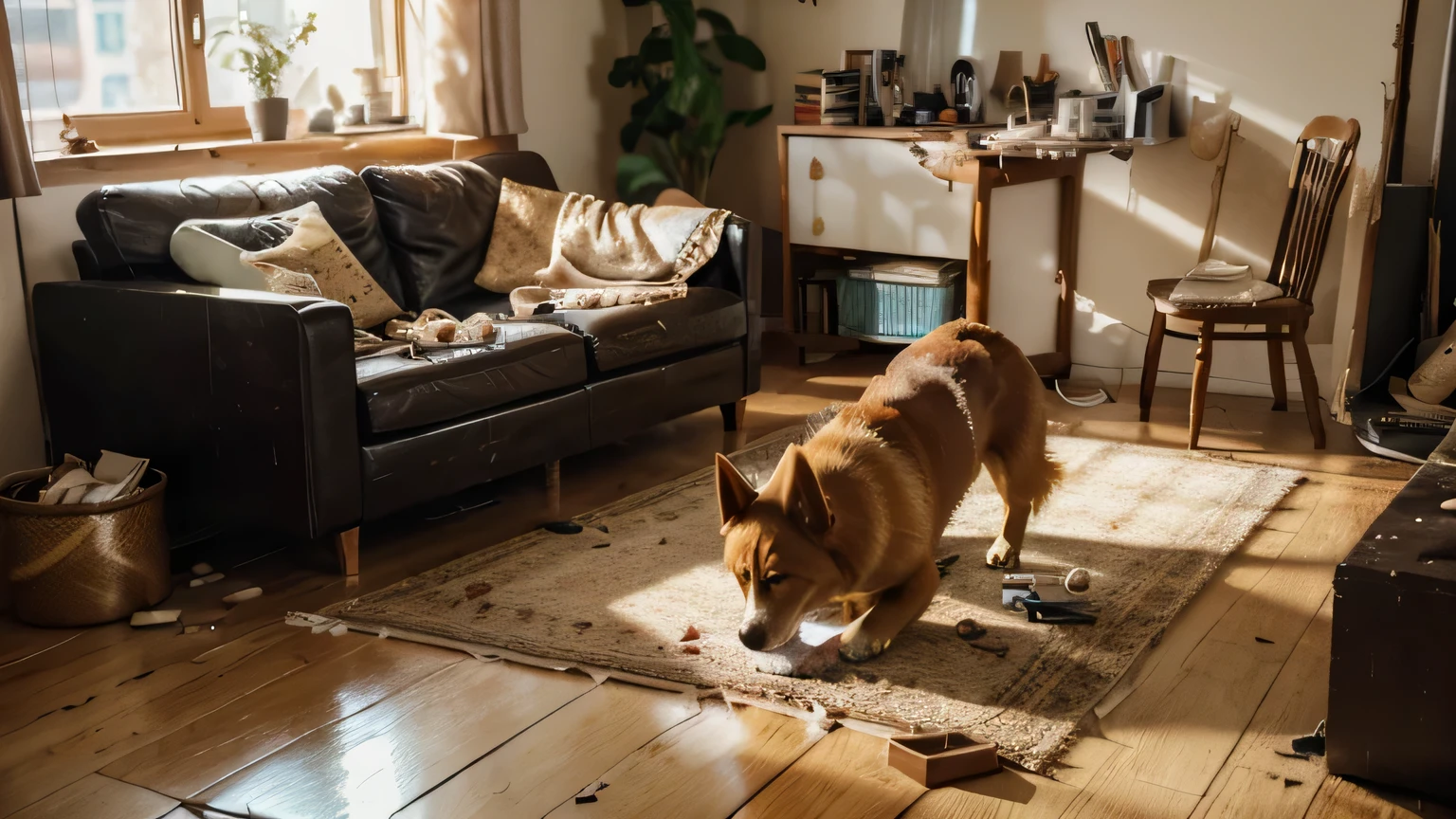 (dog:1.1,object:0.9,dog destroying objects at home),illustration,crumbs on table,shattered vase,broken furniture,chewed shoes,damaged books,(best quality,highres),realistic,cozy indoor lighting,warm color tone