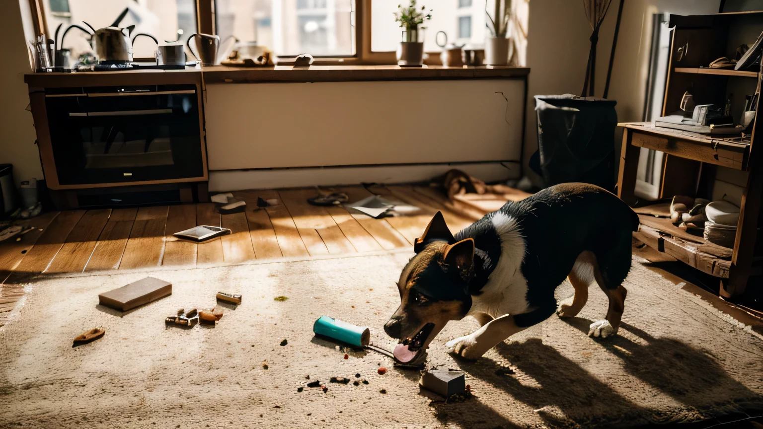 (dog:1.1,object:0.9,dog destroying objects at home),illustration,crumbs on table,shattered vase,broken furniture,chewed shoes,damaged books,(best quality,highres),realistic,cozy indoor lighting,warm color tone