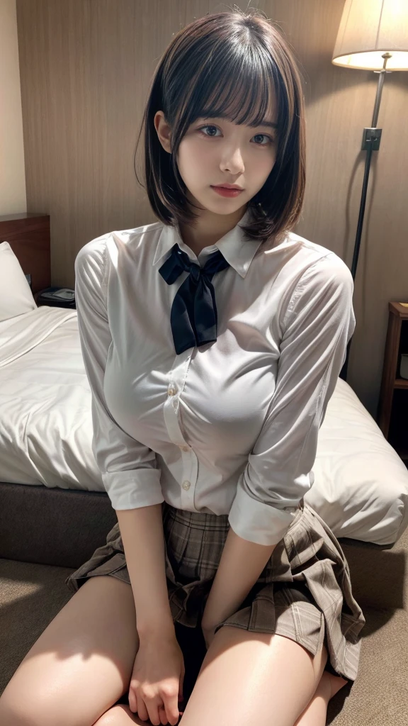 muster piece, best quality, illustration, Super detailed, fine details, High resolution, 8K,wall paper, perfect dynamic composition,(Details High quality, realistic depiction of eyes:1.3), (collared shirt:1.1), pleated skirt, short bob hair、black hair color, Big Natural Color Lip, bold sexy pose, crying a little、cold gaze, Harajuku style、acrobatic pose, 20 year old girl、cute type、ta、beautiful legs, hotel room, gravure idol, Voluptuous thighs, huge breasts