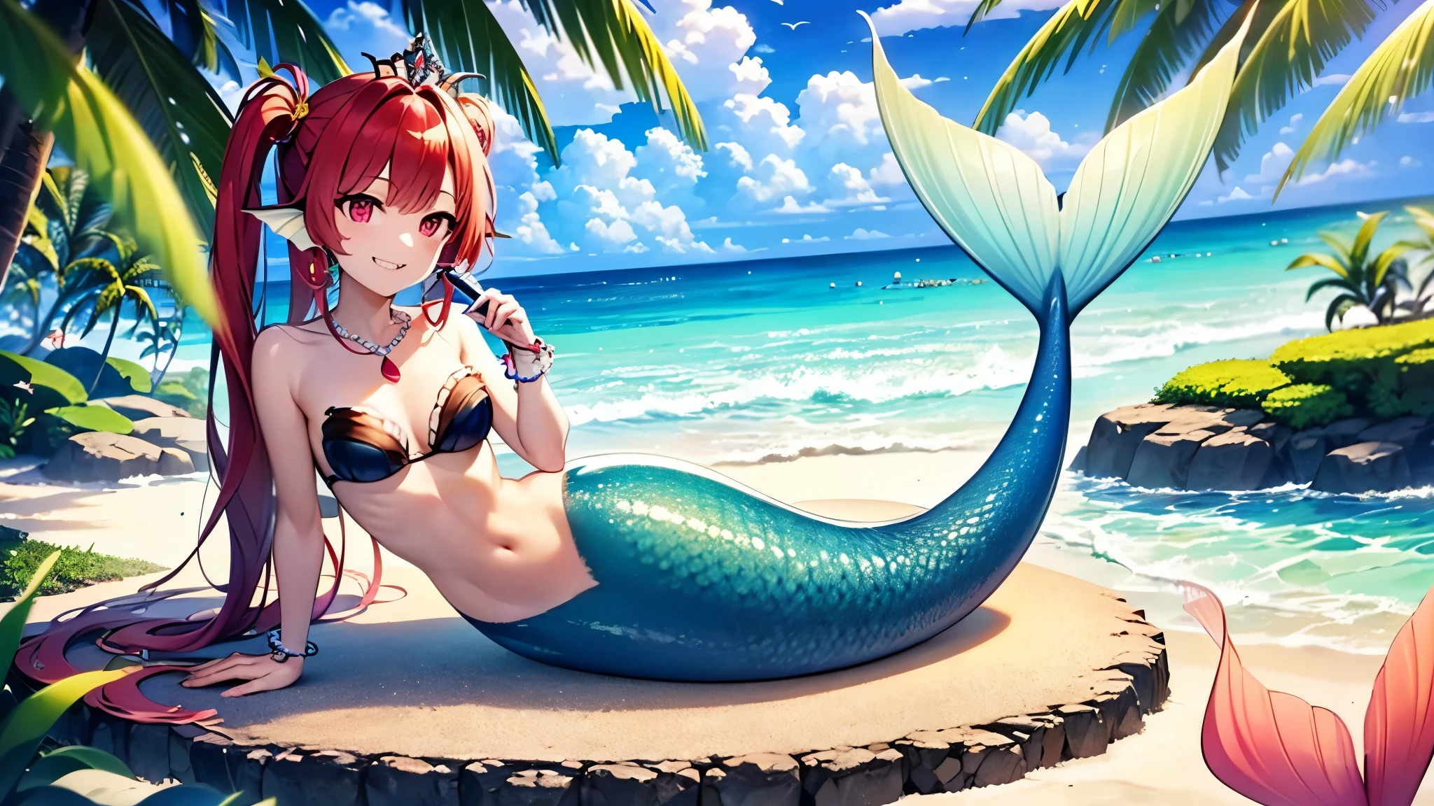 (best quality,4k,8k,highres,masterpiece:1.2),ultra-detailed, Pretty 15 years old princess magically transformed into a beautiful mermaid, race swap, fantastic transformation, steampunk, long and detailed mermaid tail below waistline, fins ears, shimmering red fish scales, drawn in anime style, very long twintails red hair, sharp teeth, is smiling, pink eyes, small breast, long pelvic and dorsal fins, pair of fish gills on the torso, seashells bra, starfish hair clips, pearl earrings and bracelets, pearl necklace, hair ribbons, gold tiara, lying on a sandy beach, new beautiful body,she’s smiling,embracing her new life has a mermaid, brushing her hair with an hairbrush, holding a small mirror, ocean waves,sparkling water,coconut trees,seagulls,coral reef,vibrant colors,magical glow,shimmering scales,sea breeze,warm sunlight,joyful expression,island paradise,lush tropical plants,dynamic composition,soft and smooth lines,expressive facial features,gentle water reflections,serene atmosphere, Highly detailed, masterpiece, high quality, 4K.