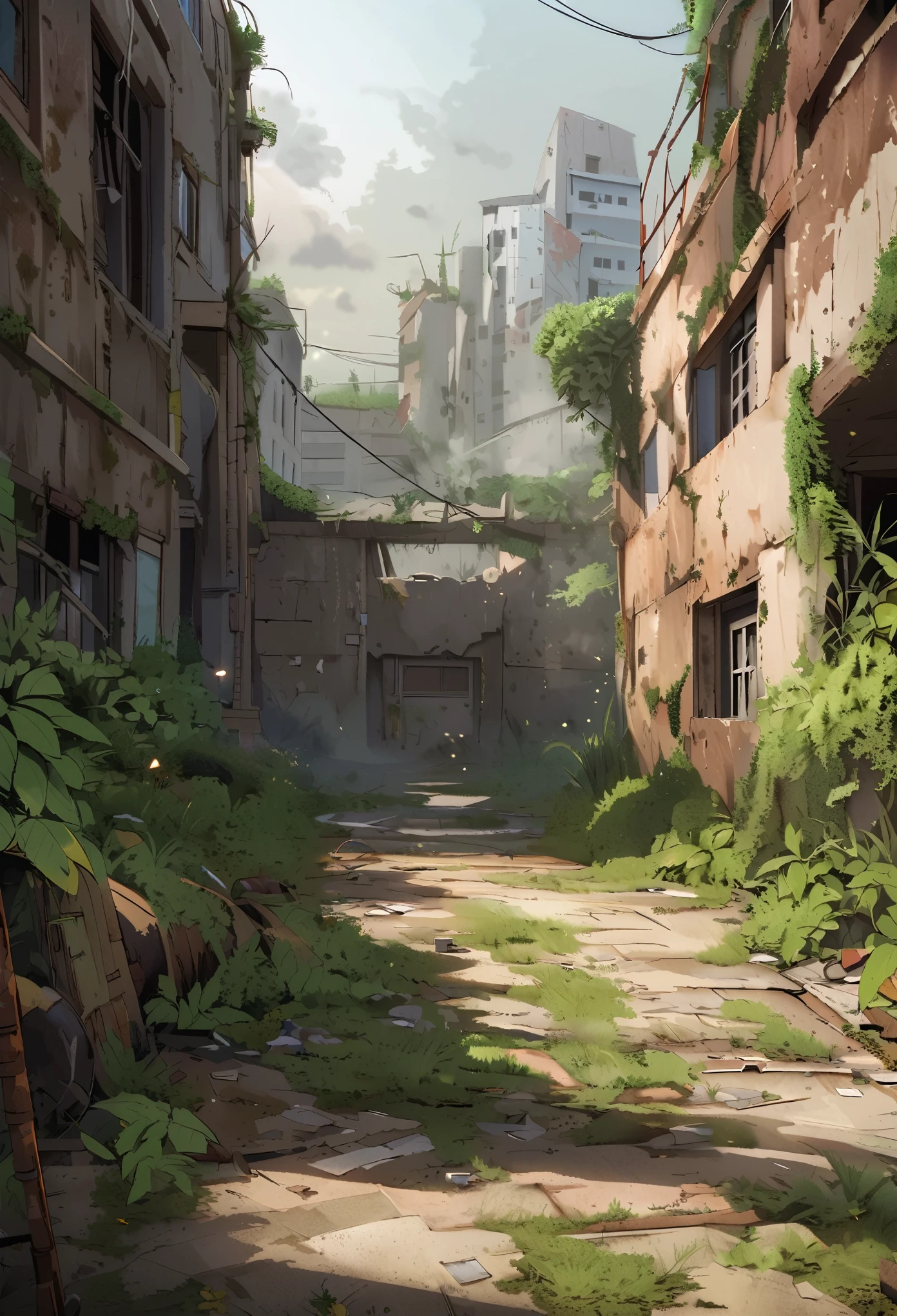 dark - comic style:Post-Apocalyptic Wasteland,trostloses Krankenhaus,karge Landschaft,Dusty atmosphere,overgrown with weeds,Destroyed buildings,crumbling walls,A girl in a worn nurse&#39;s uniform, das verletzt wurde,eine Trage,abandoned medical equipment,flackernde schwache Lichter,zerbrochene Scheiben,schwaches Sonnenlicht, das durch die Risse lugt,Stille, unterbrochen von fernen Echos,decaying furniture and objects,mysterious medical experiments,Beguilingly beautiful,empty corridors and hallways,dirty bandages,provisional associations,Gedeckte Farben,bedrohliche Wolken am Himmel,Destroyed cityscape in the background,Hoffnung in ihren Augen,verstreute Papiere und Dokumente,decipherable symbols on the walls,eindrucksvoller Kunststil,Contrast between destruction and resilience,heartbreaking story hidden in the scene