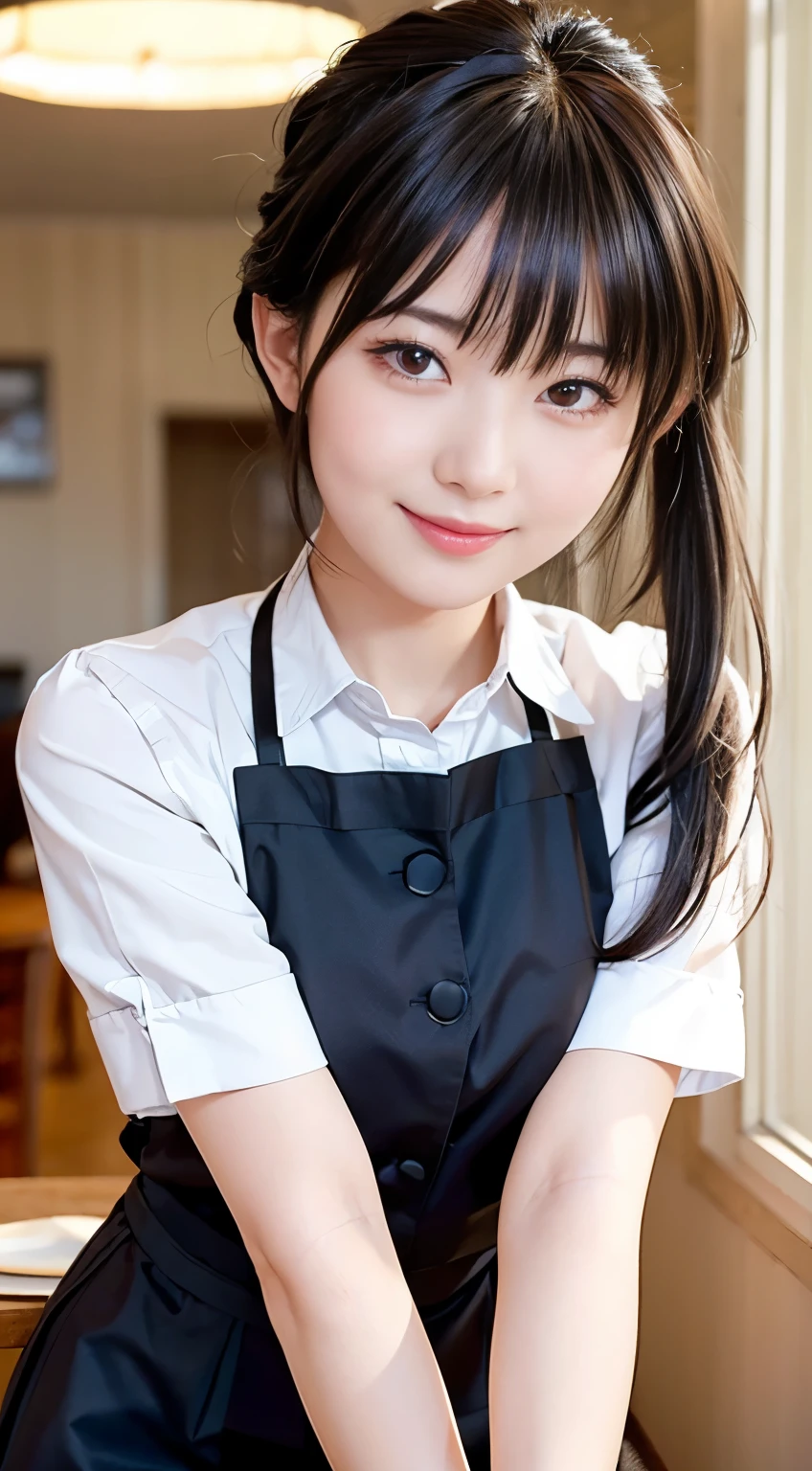 (highest quality,masterpiece:1.3,Ultra-high resolution,),(Very detailed,Caustics),(Photorealistic:1.4,RAW shooting,)Ultra-Realistic Capture,Very detailed,High resolution 16K human skin closeup。 Natural skin texture、,Pores、、、、It must be detailed enough to be easily identifiable。 Skin tone is even and healthy looking。 Use natural light and color,restaurant,Waitress Uniform,1 girl,Japanese,18-year-old,cute,Black-haired,ponytail,Big Breasts,smile,Turn your body forward,(Front view:1.1),Looking at the camera,Cowboy Shot,