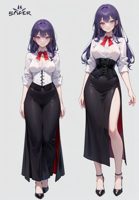 Purple hair,long hair,Adult female,Bartender,((Rolling up your sleeves shirt)),Open chest tops,(Corset),(skirt),(slit),High heels,((Simple background)),Smile,((Full body)),((whole body)),Character Sheet,