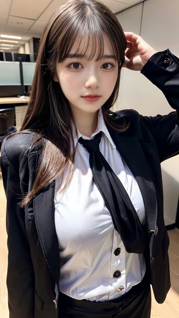 ((top-quality、8K、​masterpiece:1.3))、1girl in、Beautiful woman Standing in the house:1.3、long-haired、Colossal tits、(Office Lady, ,Suit, Black Suit,Black jacket, white shirt:1.5)、Super delicate face、Delicat eyes、double eyelid、Close-up of upper body from below