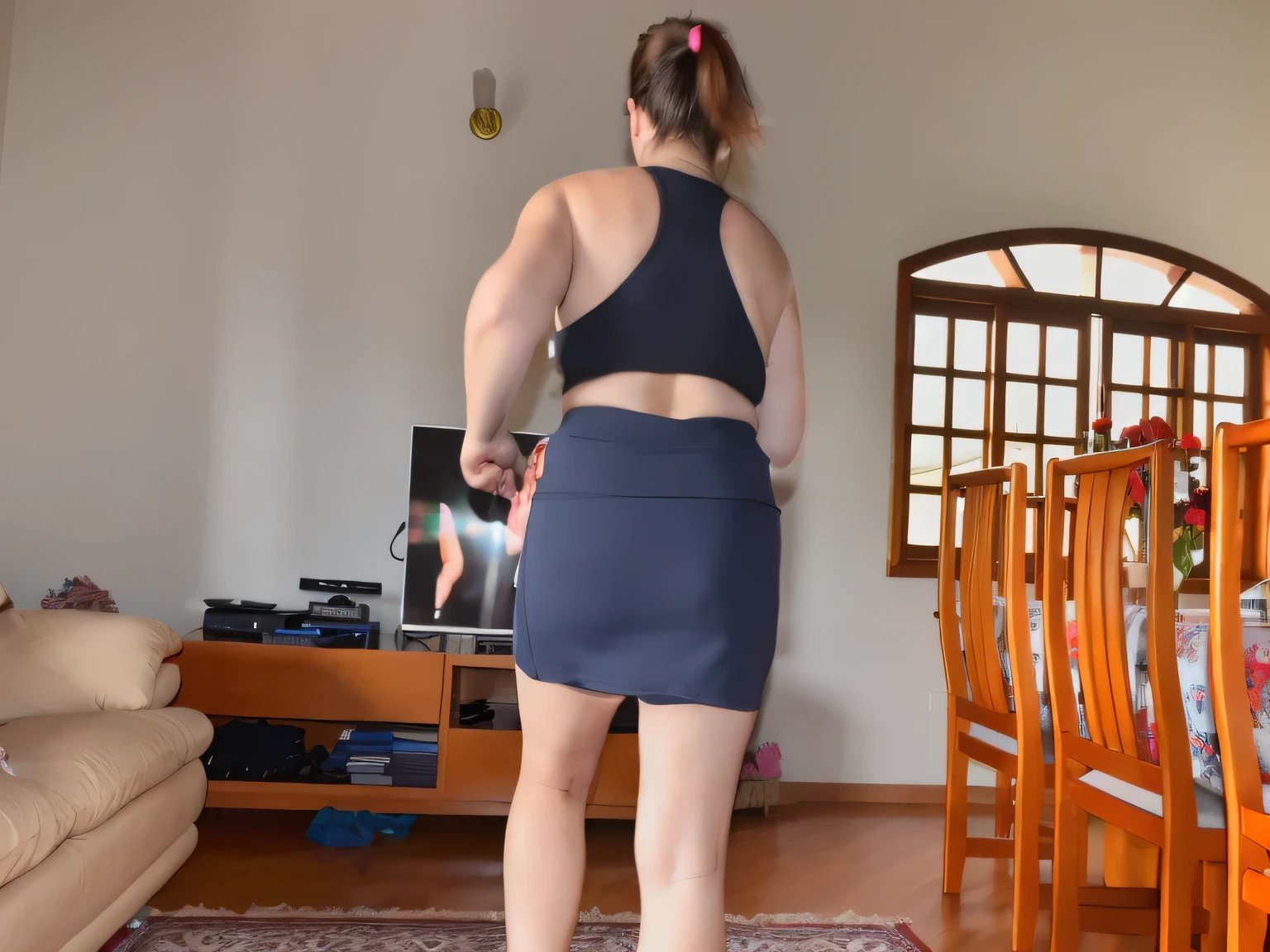 there is a woman in a skirt standing in a living room, view from the back, back - shot, backview, long shot from the back, rear-shot, seen from the back, back shot, back - view, shot from the back, long shot from back, back view, wearing a tanktop and skirt, from the back, back pose