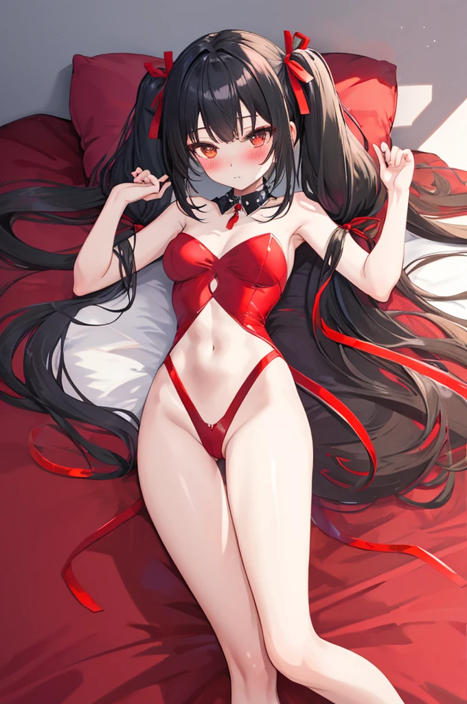 A woman with big ,Black long hair,twintails,Exquisite,(((transparent))),Red ribbon,sleeveless,Loose collar,Protruding lower chest,Slim waist,pubic,blush,bedroom,Lying down,