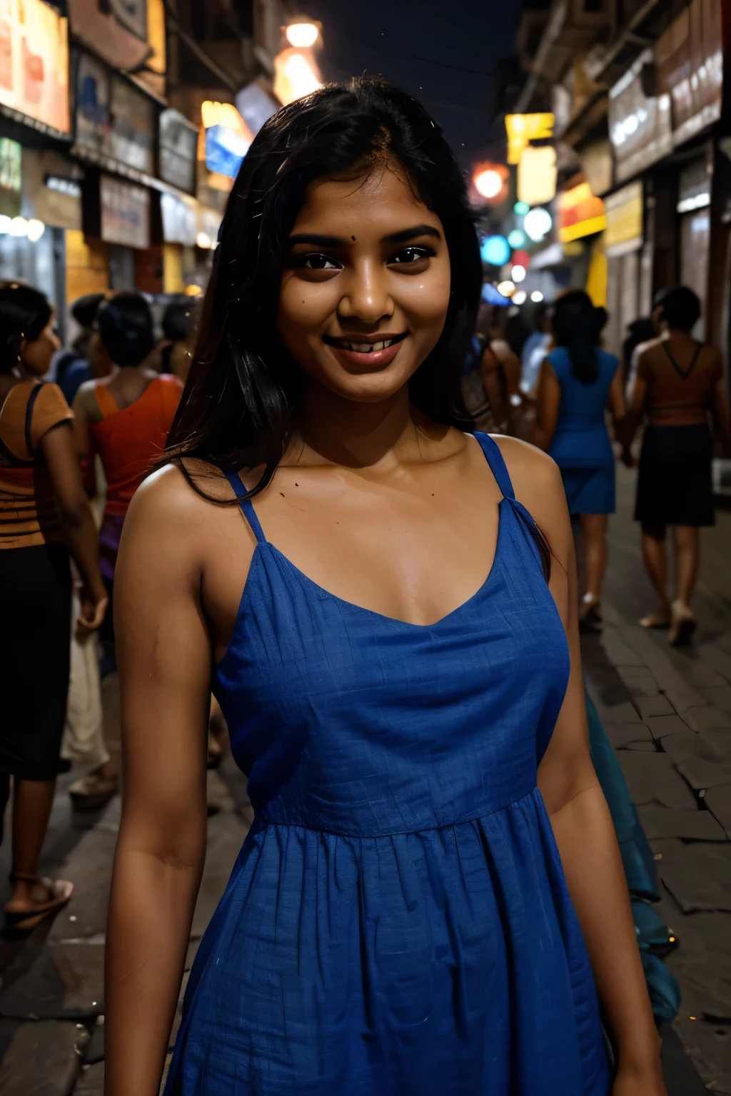 A Indian women, in a Night street of delhi, wearing a blue sun dress, Smiling, portrait shot