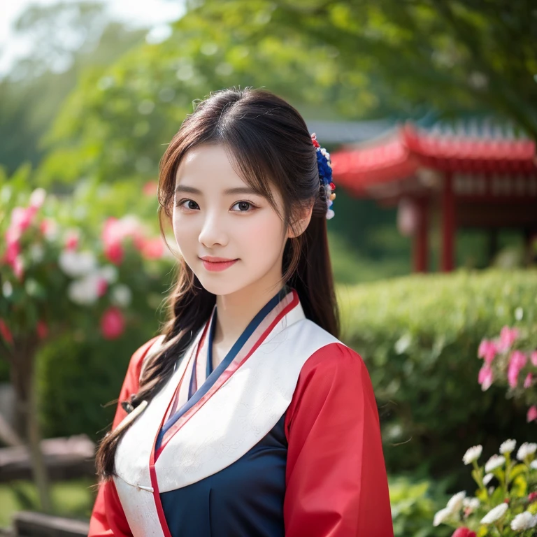 1 Beautiful young woman with long, flowing hair., The face is clearly beautified., Looking at the camera with sexy eyes, big breasts,In a dark red, dark blue dress., Standing in different poses in the flower garden., beautiful south korean woman, ผู้หญิงในชุดสีแดงเข้มสีดำเข้มน้ำเงินเข้ม Hanfu, Korean girl, korean woman, korean Hanbok, beautiful young korean woman, korean woman, Hanbok, Japanese clothes, Hanfu, Hanbok apron, นางแบบแฟชั่นkorean woman, traditional chinese clothing Taken with a high quality camera 45,000,000,000 pixels 16k,,