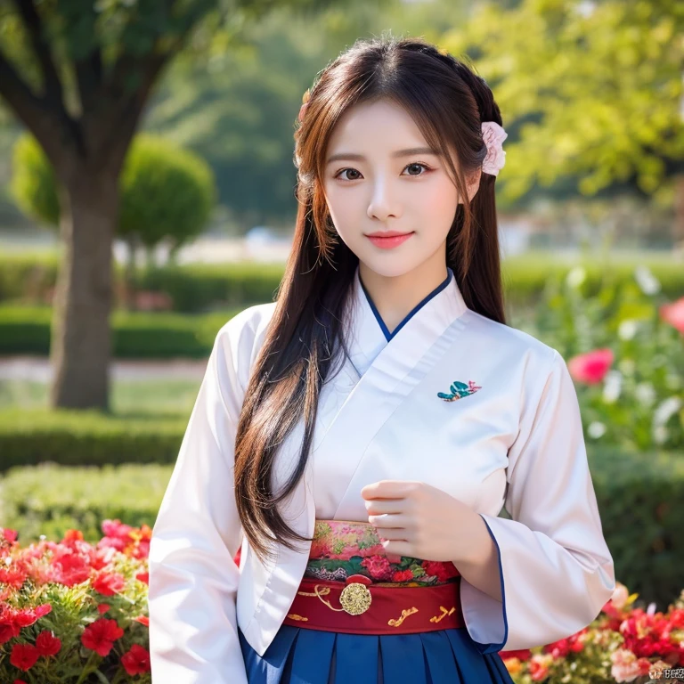 1 Beautiful young woman with long, flowing hair., The face is clearly beautified., Looking at the camera with sexy eyes, big breasts,In a dark red, dark blue dress., Standing in different poses in the flower garden., beautiful south korean woman, ผู้หญิงในชุดสีแดงเข้มสีดำเข้มน้ำเงินเข้ม Hanfu, Korean girl, korean woman, korean Hanbok, beautiful young korean woman, korean woman, Hanbok, Japanese clothes, Hanfu, Hanbok apron, นางแบบแฟชั่นkorean woman, traditional chinese clothing Taken with a high quality camera 45,000,000,000 pixels 16k,,