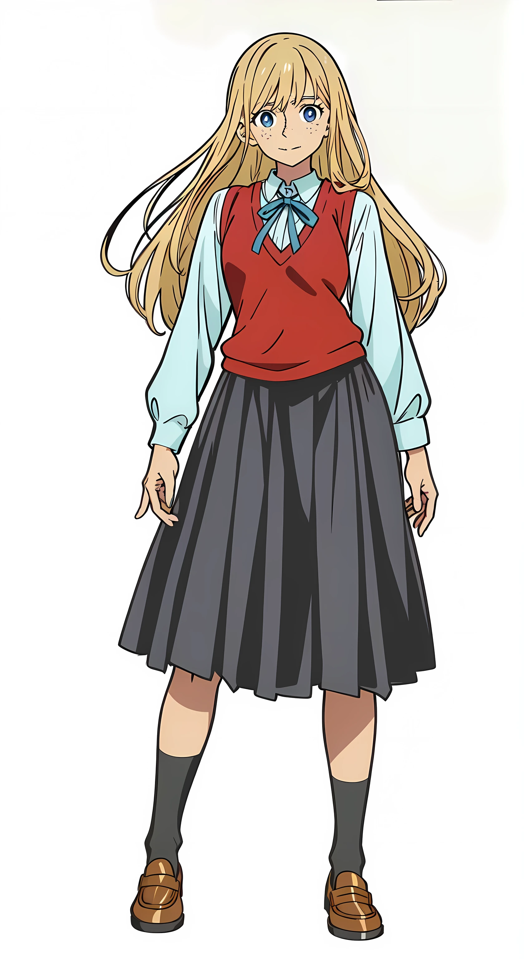 (best quality:1.0), (masterpiece:1.0), (super fine illustration:1.0), (beautiful artwork:1.0), (anime screencap:1.0), (official art:1.0), (european:1.0), (cheerful:1.0), (white background:1.0), (best quality:1.0), (masterpiece:1.0), (super fine illustration:1.0), (beautiful artwork:1.0), (anime screencap:1.0), (official art:1.0), (solo:1.0), (european:1.0), (a 18yo cute girl:1.0), (long skirt:1.0), (black skirt:1.0), (pleated skirt:1.0), (red knit vest:1.0), (white long sleeve collared shirt:1.0), (blue neck ribbon:1.0), (loafers:1.0), (black socks:1.0), (ideal ratio body proportions:1.0), (lanky:1.0), (tall:1.0), (slender:1.0), (small breasts:1.0), (smaller face:1.0), (tareme:1.0), (freckles:1.0), (detailed beautiful eyes:1.0), (detailed beautiful face:1.0), (glowing blue eyes:1.0), (long hair:1.0), (swept bangs:1.0), (blonde hair:1.0), (standing:1.0), (looking at viewer:1.0)