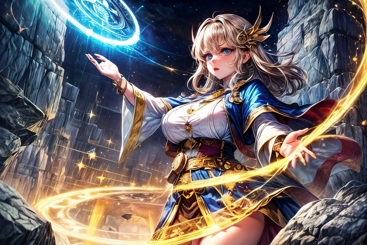 ((worst quality, low quality)), Maste Piece, highest quality, ultra detail, masterpiece, (wizard girl), (big breasts), plump and glossy lips, (beautiful clear eyes:1.2), spoken heart, A wizard girl holding a spellbook in her left hand holds out her right hand and activates the magic, (Perfect hands:1.3), (Dynamic pose that activates magic:1.2), The activation is earth magic, a rock wall appears from the ground with a magic circle drawn on it, the effect of the rock, earth magic, (rock effect:1.2), Landscape with cliffs lined with rocks,