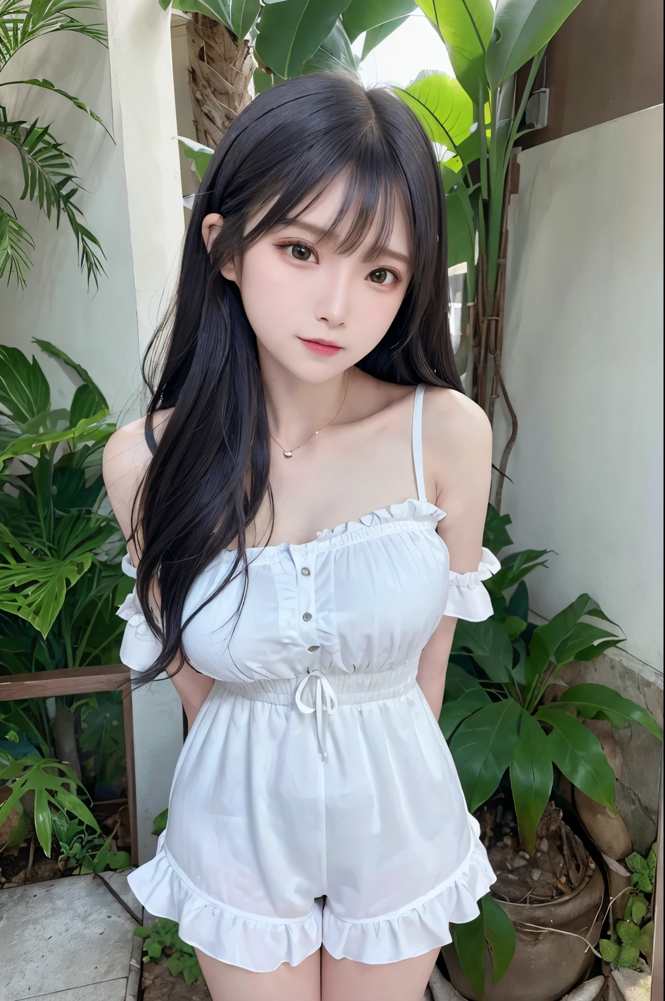 (8K、Raw photo:1.2)、Detailed face and eyes、最high quality、Ultra-high resolution、Very detailed、Intricate detailasterpiece、Cute Woman、Soft cinematic light、Hyper Detail、high quality、Black Hair、Short Hair、22 year old Japanese、Detailed drawn eyes、Very beautiful eyeedium chest:1.2)、(arms behind back:1.3)、Frilly babydoll and matching shorts