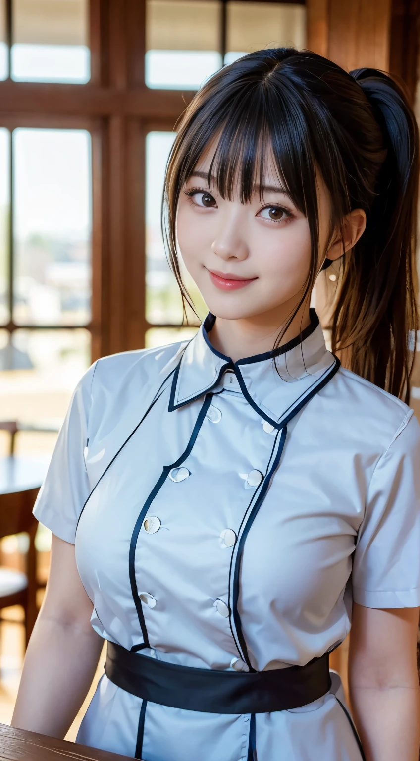 (highest quality,masterpiece:1.3,Ultra-high resolution,),(Very detailed,Caustics),(Photorealistic:1.4,RAW shooting,)Ultra-Realistic Capture,Very detailed,High resolution 16K human skin closeup。 Natural skin texture、,Pores、、、、It must be detailed enough to be easily identifiable。 Skin tone is even and healthy looking。 Use natural light and color,restaurant,Waitress Uniform,1 girl,Japanese,18-year-old,cute,Black-haired,ponytail,Big Breasts,smile,Turn your body forward,(Front view:1.1),Looking at the camera,Cowboy Shot,