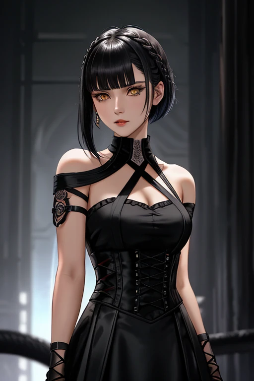 Tekken-style female character, yellow eye irises like a snake's, short black gothic style hair with long bangs passing from the shoulders, soft bangs on the forehead and short back haircut exposing the nape of the neck, soft cornrow near the ear with a small black rose adorning the hair, wearing elegant gothic dress