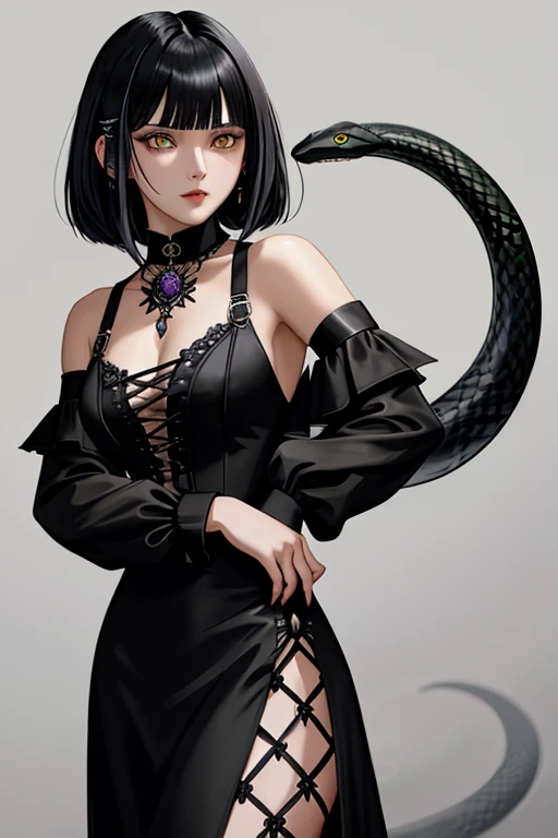 Tekken-style female character, yellow eye irises like a snake's, short black gothic style hair with long bangs passing from the shoulders, soft bangs on the forehead and short back haircut exposing the nape of the neck, soft cornrow near the ear with a small black rose adorning the hair, wearing elegant gothic dress