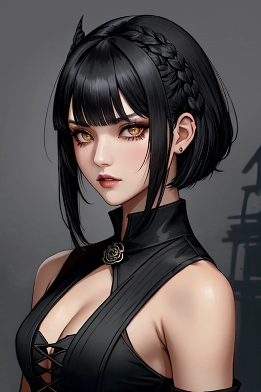 Tekken-style female character, yellow eye irises like a snake's, short black gothic style hair with long bangs passing from the shoulders, soft bangs on the forehead and short back haircut exposing the nape of the neck, soft cornrow near the ear with a small black rose adorning the hair, wearing elegant gothic dress