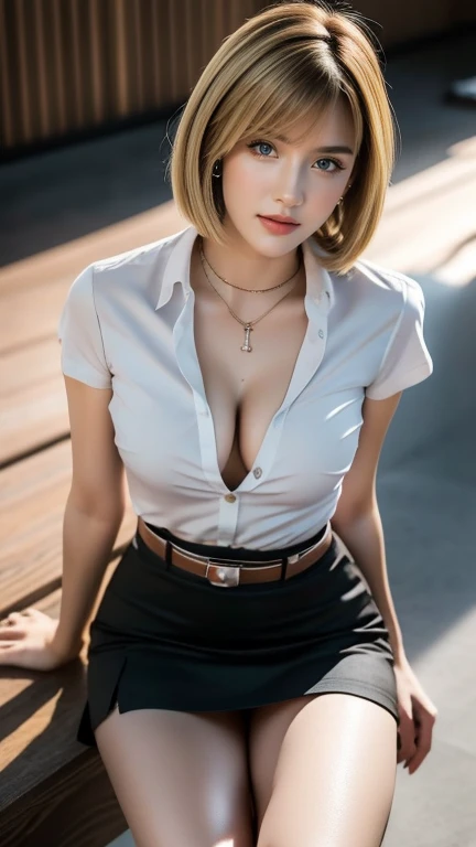 (Best Picture Quality, Hyper Real, Ultra HD), Front Angle, Blonde Bob Sitting at Desk Chair, Wearing White Shirt, Round Face Beauty in Her 20s, Cleavage, Slender, Glossy, Beautiful, Beautiful Eyes, Smile Expression, Best Skin Type, Background is Classroom