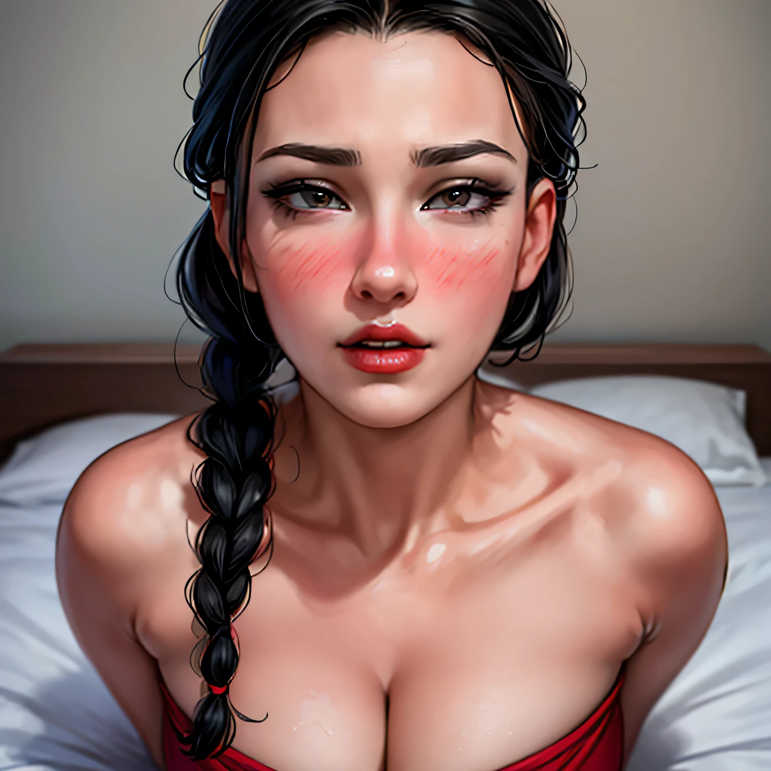 (best quality,ultra-detailed,realistic:1.37),portrait,sexy MILF neighbor,black hair tied in braid, seductive gaze,red lips parted in a blush,intense emotion,long neck, bare shoulders,medium chest with cleavage,sexually aroused expression on a bed in a bedroom
