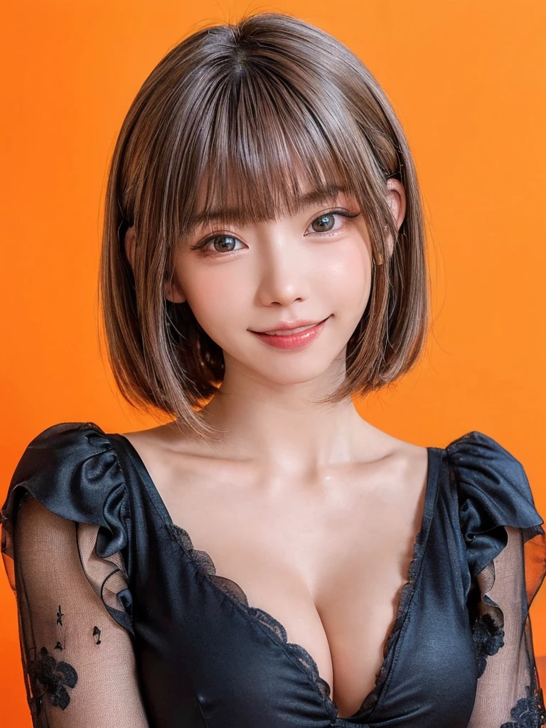 (masterpiece, highest quality, sfw:1.8),1 girl, alone, realistic, realistic, looking at the viewer, light colored black eyes, Brunette short bob hair with highly detailed shiny hair, Winter clothes, Whity, lips, bangs, outdoor, closed mouth, Upper body、Big eyes、eyelash、((very simple orange background:1.8))、(((Short hair with bangs、Big eyes、big and full chest、look at the audience、beautiful beauty、show me your ears、long neck、smile、please close your mouth and smile)))、ideal body proportions、{Huge|big|Huge|mega} chest, cleavage:2