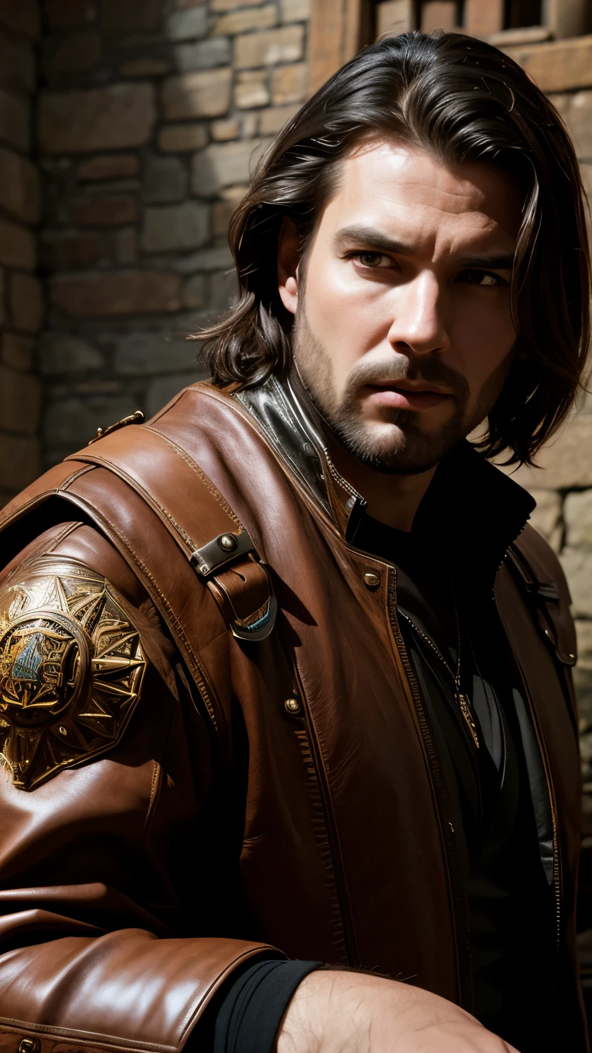 (absurdity, (best quality,4K,8K,a high resolution,masterpiece:1.2),ultra-detailed,(realistic,photorealistic,Photorealistic:1.37), ), 1 man, full length, adult, Beautiful, Tall muscular face, Kickboxing, broad shoulders, highly detailed eyes, short black hair, Brown eyes, leather vest, leather waist bag, 2 daggers on the belt, Castle, Medieval atmosphere, Natural light and shade, Bright particles fly around the man, fantasy, Mysterious, vibrant glow, sitting posture, serious expression, cold, thoughtful, Mouth closed, ((film grain, Boke, light particles ,dust, Extreme camera angle))

