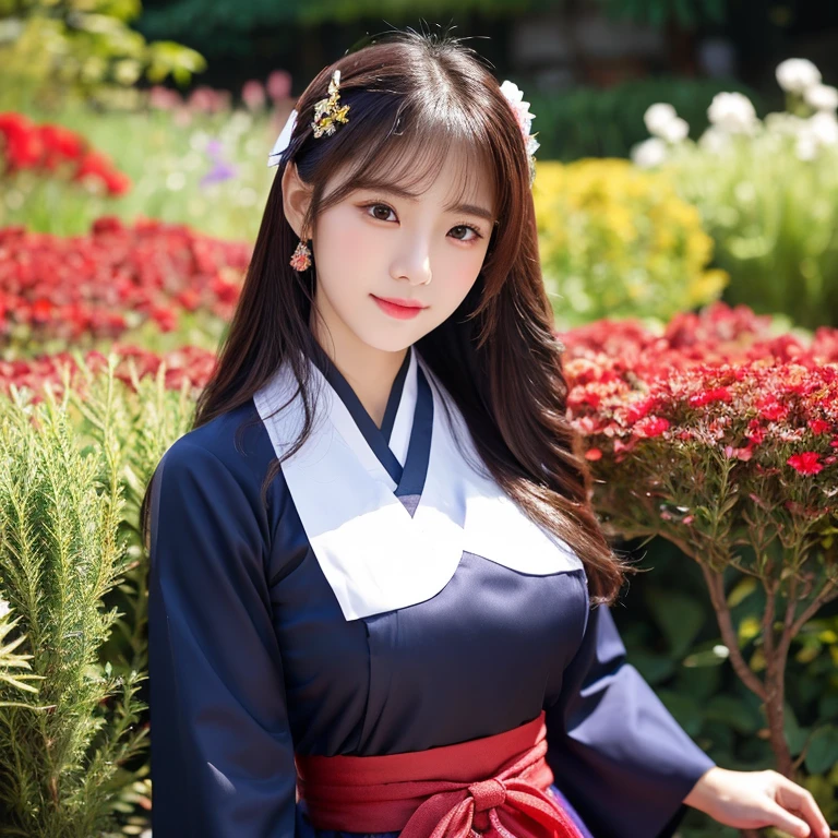 1 Beautiful young woman with long, flowing hair., The face is darkly made up and clearly beautified., Looking at the camera with sexy eyes, big breasts,In a dark red, dark blue dress., Standing in different poses in the flower garden., beautiful south korean woman, ผู้หญิงในชุดสีแดงเข้มสีดำเข้มน้ำเงินเข้ม Hanfu, Korean girl, korean woman, korean Hanbok, beautiful young korean woman, korean woman, Hanbok, Japanese clothes, Hanfu, Hanbok apron, นางแบบแฟชั่นkorean woman, traditional chinese clothing Taken with a high quality camera 45,000,000,000 pixels 16k,,