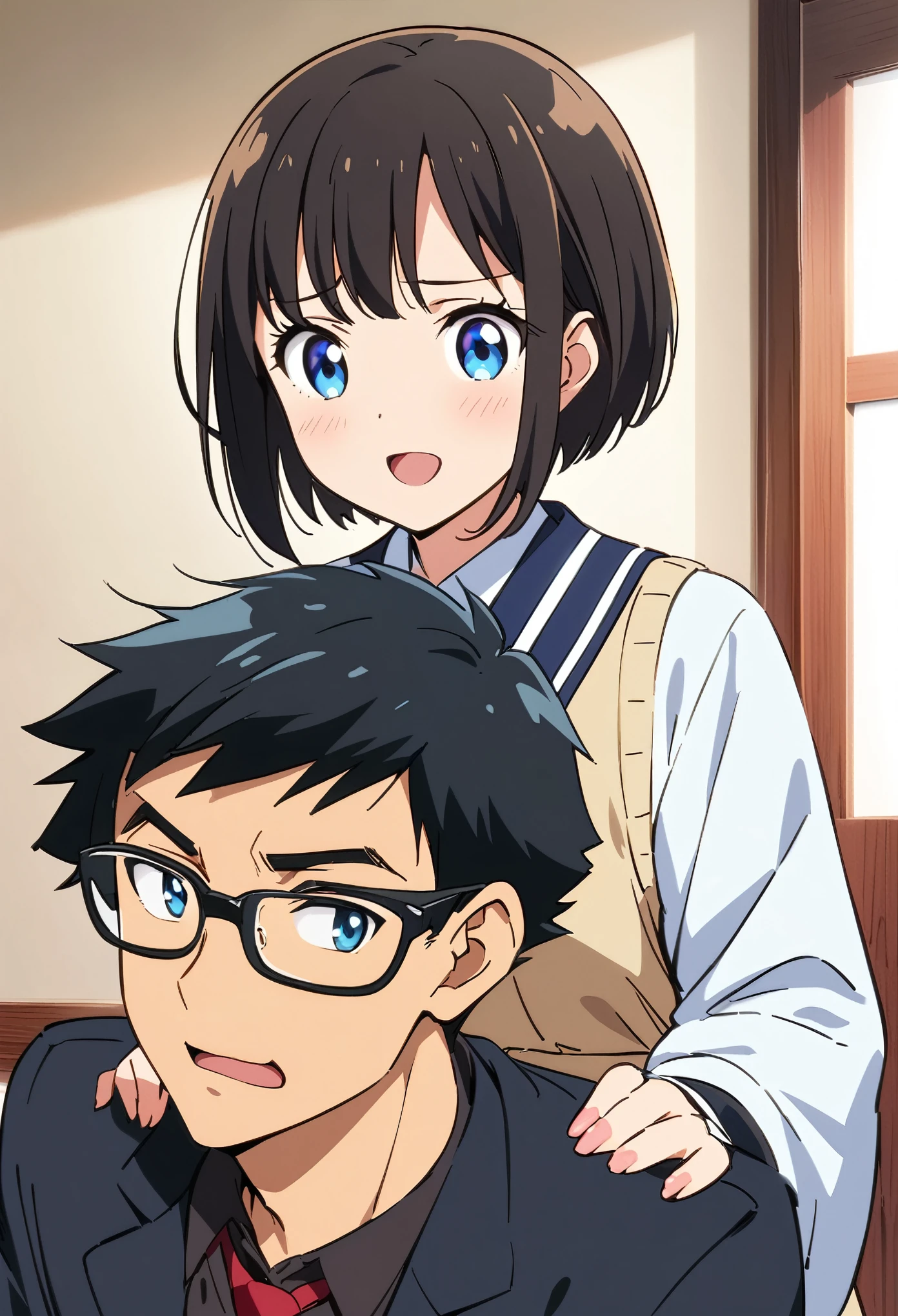 manga style a girl who goes to a boys school where she meets a boy. Girl cute glasses short hair (wolfcut) japanese . Boy black hair blue eyes good looking. Wears men's uniform. Japanese anime/manga style. School simple anime school. manga