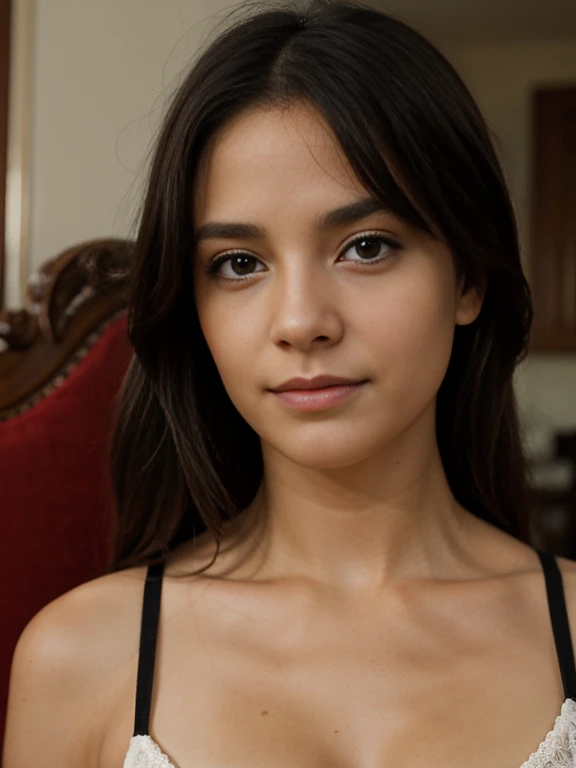 Photo d&#39;une femme brune de 20 ans, qui a un visage très naturel,  thin lips, yeux fins, sourcils fins, nez fin, des boucles d&#39;oreilles, long cils. Elle fait un joli selfie dans un café latina , on voit son visage , elle regarde la caméra 