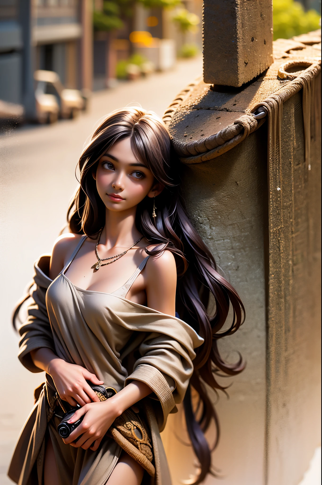 1girl 13 year old, solo, long hair, small breasts, looking at viewer, brown eyes, jewelry, necklace, off shoulder, , skinny, lips, realistic, nose, flirting with camera, cleavage