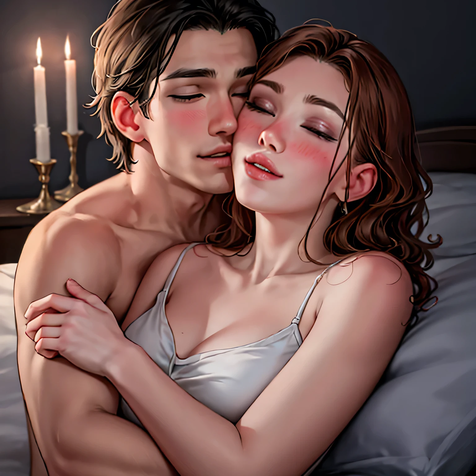 (best quality, highres, portrait), passionate, young boy kissing woman, lips touching, hugging tight, blushing intensely, eyes closed, bed, night time, candles lit