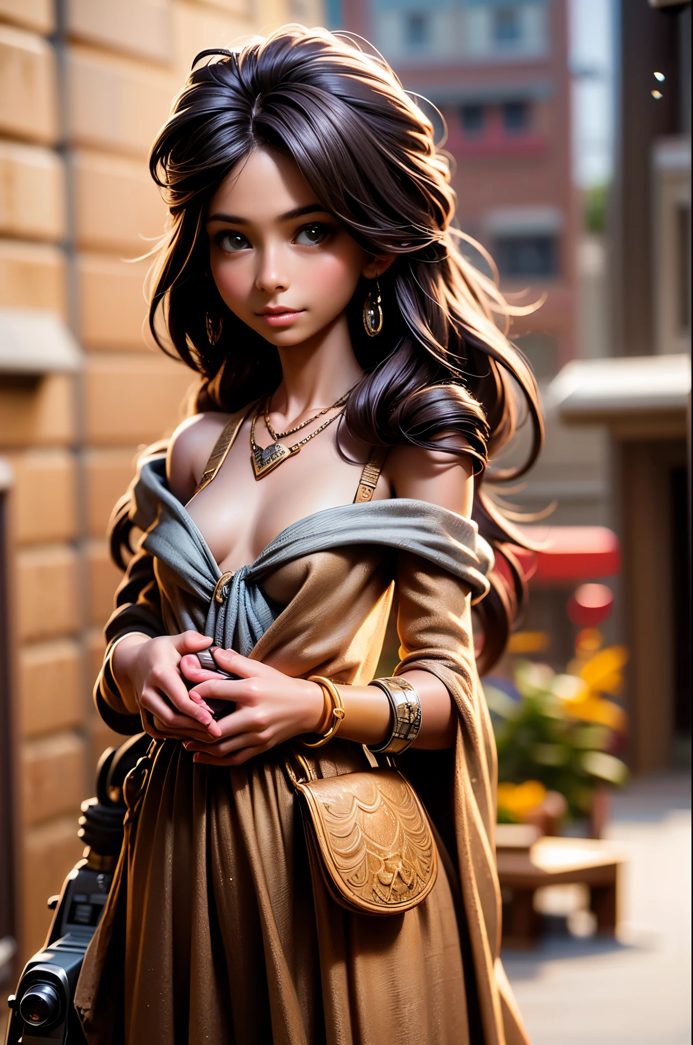 1girl , solo, long hair, small breasts, looking at viewer, brown eyes, jewelry, necklace, off shoulder, , skinny, lips, realistic, nose, flirting with camera, cleavage
