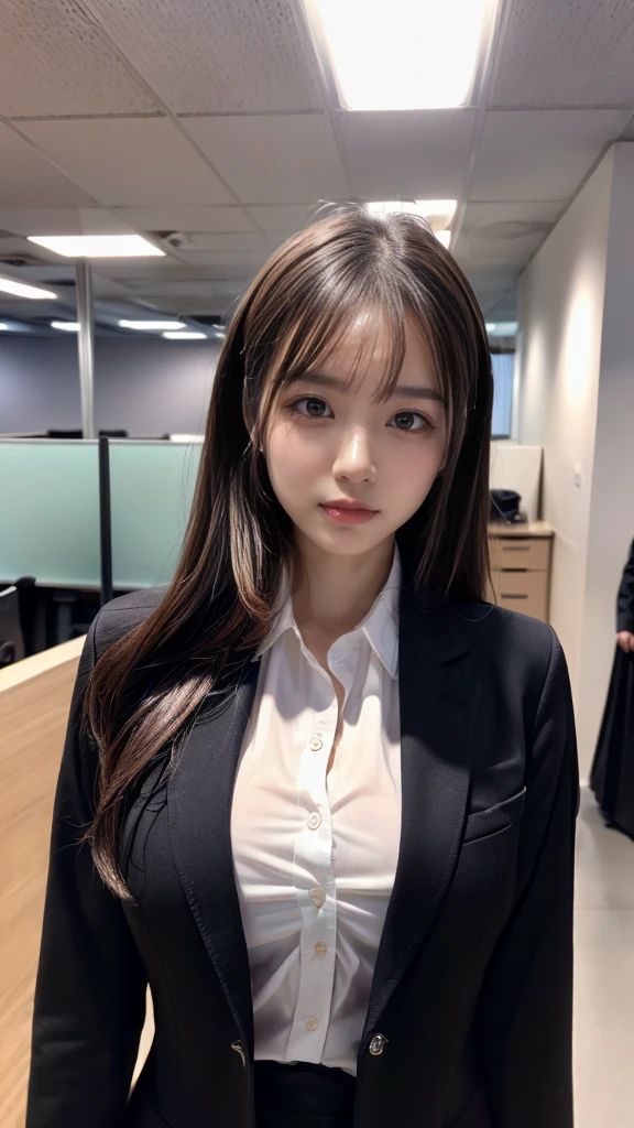 ((top-quality、8K、​masterpiece:1.3))、1girl in、Beautiful woman Standing in the house:1.3、long-haired、Colossal tits、(Office Lady, ,Suit, Black Suit,Black jacket, white shirt:1.5)、Super delicate face、Delicat eyes、double eyelid、Close-up of upper body from below