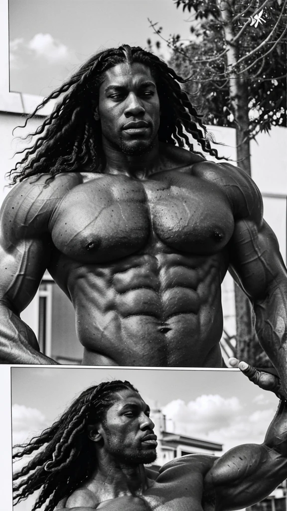 a giant tall handsome black man with big braided hair hairy body with lots of muscles super muscles beautiful body without a beard and a small white man by his side the small man loves the black man manga line art color