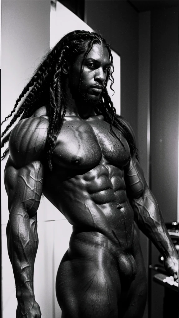 a giant tall handsome black man with big braided hair hairy body with lots of muscles super muscles beautiful body without a beard and a small white man by his side the small man loves the black man manga line art color