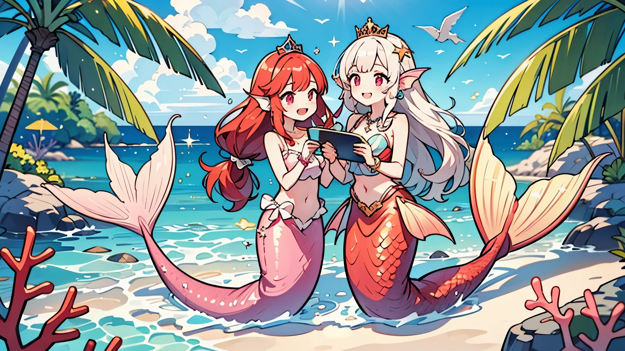 (best quality,4k,8k,highres,masterpiece:1.2),ultra-detailed, Pretty princess magically transformed into a beautiful mermaid, race swap, fantastic transformation, steampunk, long and detailed mermaid tail below waistline, fins ears, shimmering red fish scales, drawn in anime style, very long twintails red hair, sharp teeth, is smiling, pink eyes, small breast, long pelvic and dorsal fins, pair of fish gills on the torso, seashells bra, starfish hair clips, pearl earrings and bracelets, pearl necklace, hair ribbons, gold tiara, resting on a sandy beach, new beautiful body,she’s smiling,embracing her new life has a mermaid, brushing her hair with and holding a small mirror, ocean waves,sparkling water,coconut trees,seagulls,coral reef,vibrant colors,magical glow,shimmering scales,sea breeze,warm sunlight,joyful expression,island paradise,lush tropical plants,dynamic composition,soft and smooth lines,expressive facial features,gentle water reflections,serene atmosphere, Highly detailed, masterpiece, high quality, 4K.